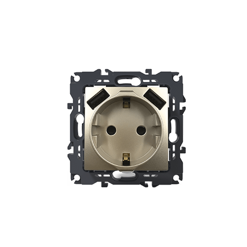1000116304 PRIME Schuko розетка с предпазителна клапа 1x2P+E 16A 250V AC + 2 USB 5V DC 3.1A IP20 матово шампанско - Image 1
