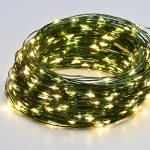 100 LED струнни светлини с таймер, топъл бял, зелен меден кабел, IP44, 10 м + 10 см, 3xAA