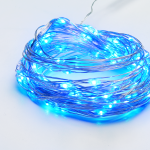 100 сини LED струнни светлини, сребрист меден кабел, адаптер 3,5 VDC, 8 функции, IP44, 10 м + 3 м