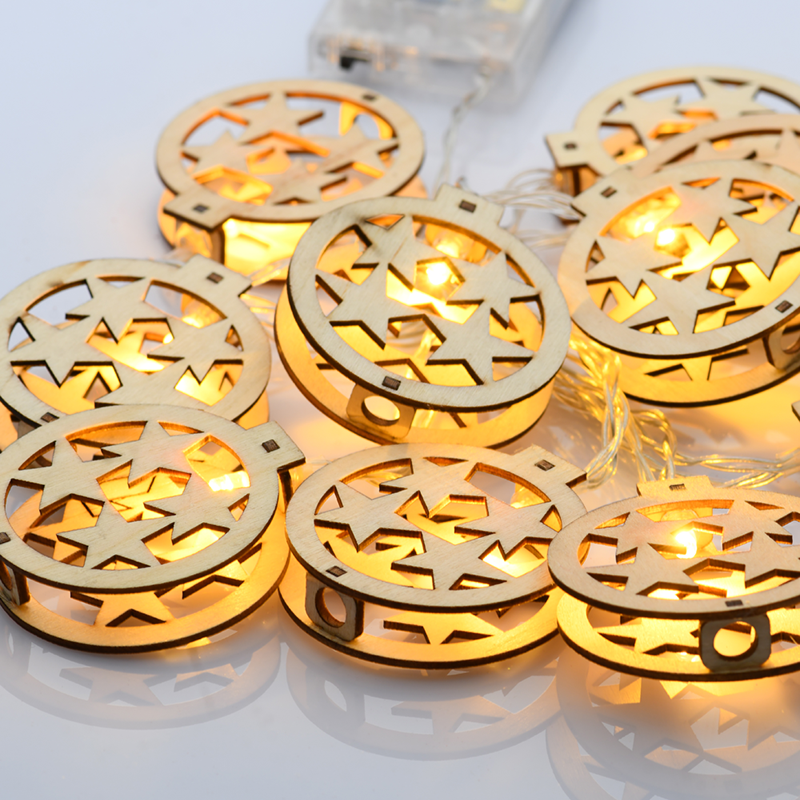 XWBSTARS102A Дървени коледни мотиви кръгла звезда, 10 LED гирлянда с батерии 3xAA, топла бяла, IP20, 135+30 см кабел - Image 1